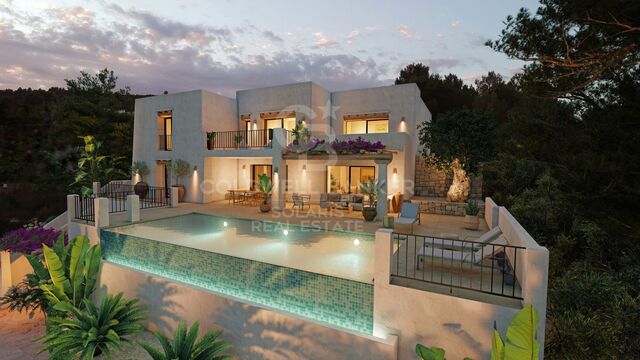 Fantástica villa ibicenca con vistas abiertas al mar y al valle en Moraira